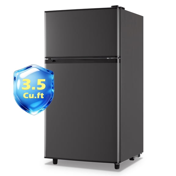 JIEJIA 3.5 Cu.ft Mini Fridge with Freezer, Double Door Compact Refrigerator, 7-Temp Adjustable, Removable Glass Shelves for Kitchen, Dorm, Office, Apartment, Gray