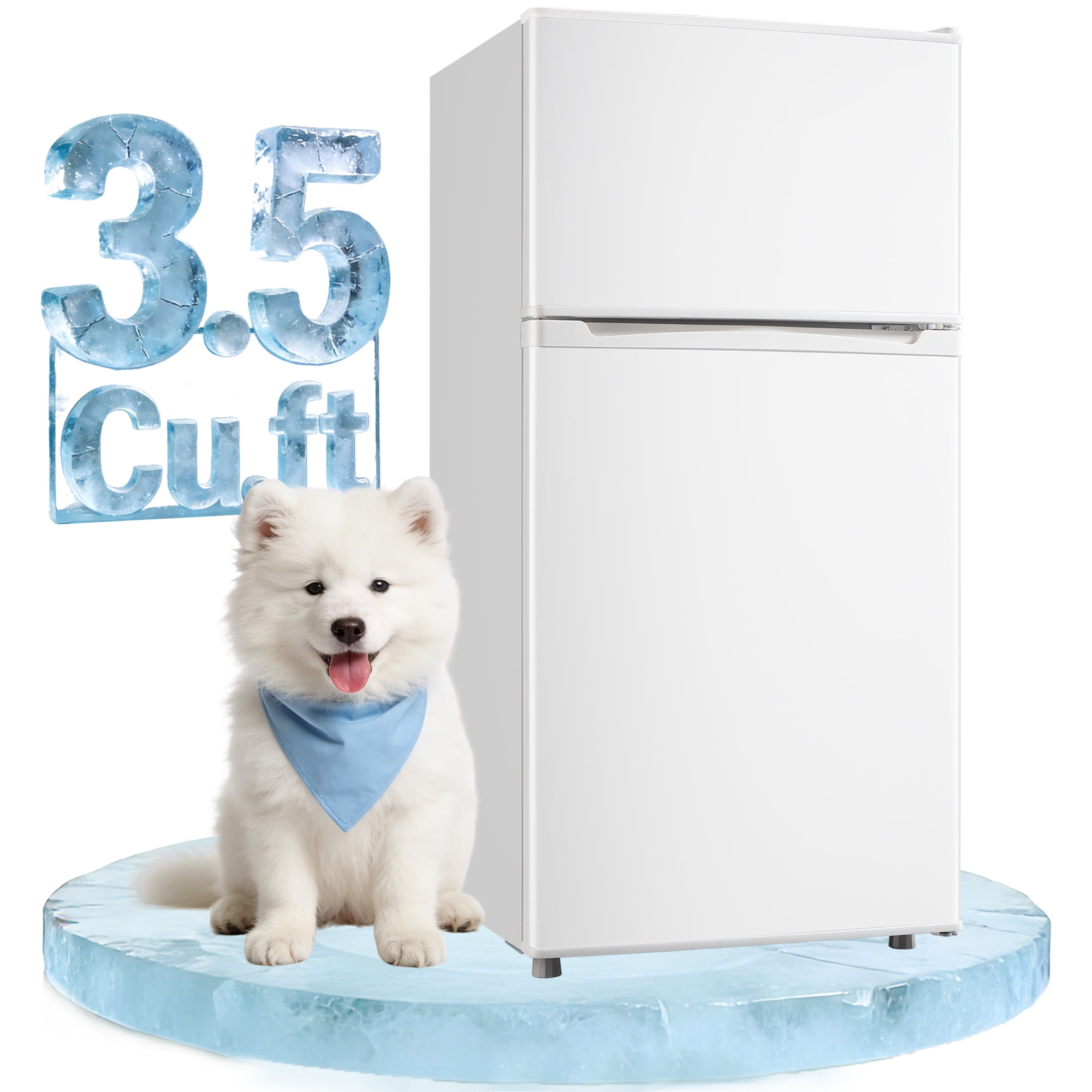 JIEJIA 3.5 Cu.ft Two Door Mini Refrigerator with Freezer, Compact Small Fridge Adjustable Removable Shelves, White