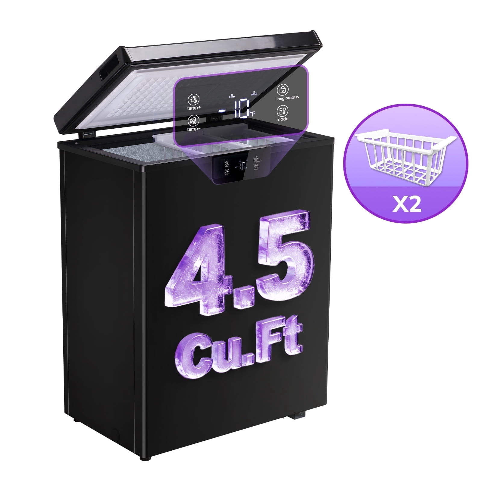 JIEJIA 4.5 Cu.ft Chest Freezer Large Capacity Compact Mini Deep Freezer with Electronic Temperature Control and 2 Removable Baskets Top Open Door Energy Saving, Black