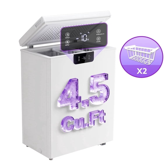 JIEJIA 4.5 Cu.ft Chest Freezer Large Capacity Compact Mini Deep Freezer with Electronic Temperature Control and 2 Removable Baskets Top Open Door Energy Saving, White