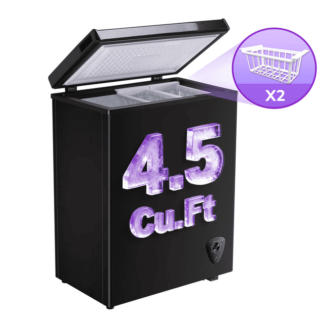 JIEJIA 4.5 cu.ft Compact Chest Freezer, Mini Freezer with Adjustable Temperature, 2 Removable Baskets, Top Open Door, Energy Saving, White