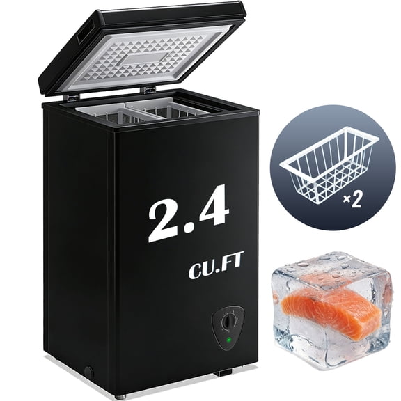 JIEJIA Compact Freezer 2.4 cu ft Environmental Chest Freezer, Mini Freezer with 7 Gear Adjustable Temperature, Removable Storage Basket, Energy Saving, Black