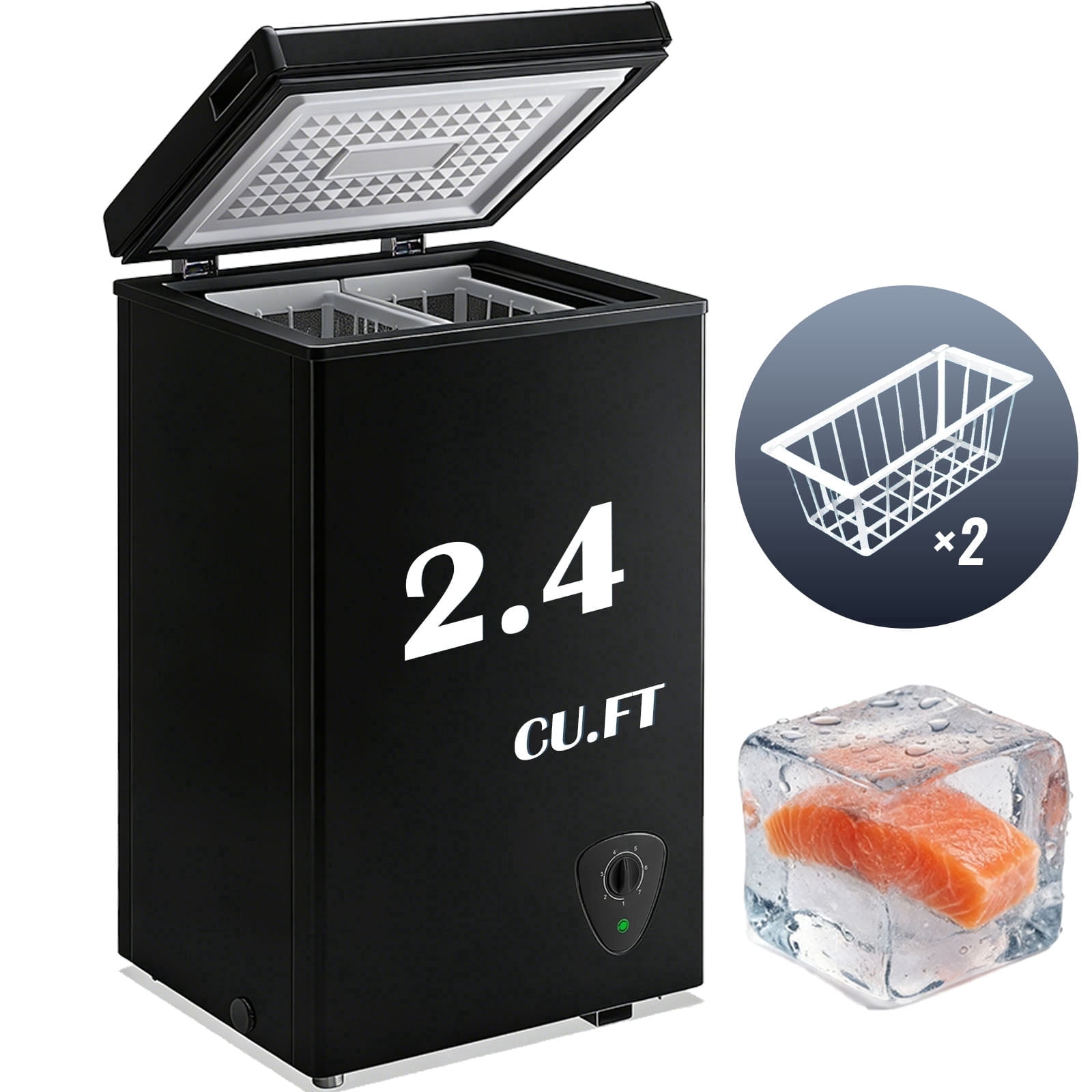 JIEJIA Compact Freezer 2.4 cu ft Environmental Chest Freezer, Mini Freezer with 7 Gear Adjustable Temperature, Removable Storage Basket, Energy Saving, Black