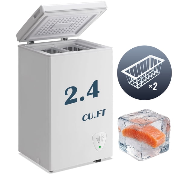 JIEJIA Compact Freezer 2.4 cu ft Environmental Chest Freezer, Mini Freezer with 7 Gear Adjustable Temperature, Removable Storage Basket, Energy Saving, White