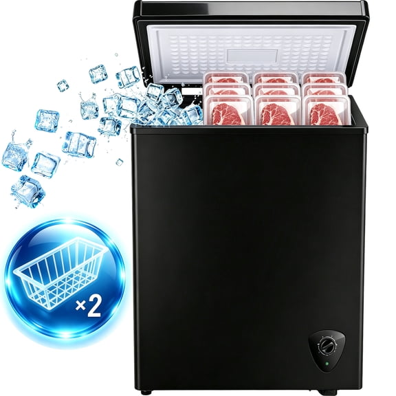JIEJIA Compact Freezer 4.2 cu ft Environmental Chest Freezer, Mini Freezer with 7 Gear Adjustable Temperature, Removable Storage Basket, Energy Saving, Black