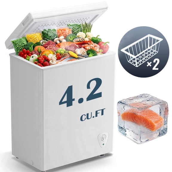 JIEJIA Compact Freezer 4.2 cu ft Environmental Chest Freezer, Mini Freezer with 7 Gear Adjustable Temperature, Removable Storage Basket, Energy Saving, White