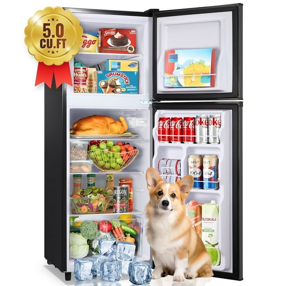 JIEJIA Double Door Small Refrigerator, 5.0 Cubic Feet Mini Fridge with 7-Level Adjustable Thermostat for Office, Dorm, Bedroom, Home and Apartment, Black