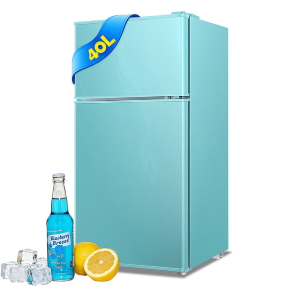JIEJIA Mini Fridge with Freezer 40L Dual Door Small Refrigerator for Dorm Bedroom Blue