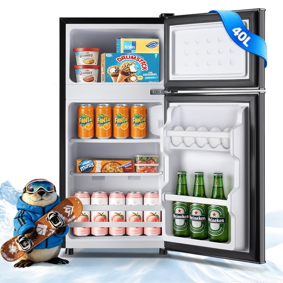 JIEJIA Mini Fridge with Freezer 40L Dual Door Small Refrigerator for Dorm Bedroom,Gray