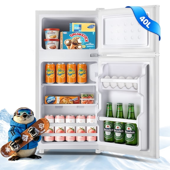 JIEJIA Mini Fridge with Freezer 40L Dual Door Small Refrigerator for Dorm Bedroom,White
