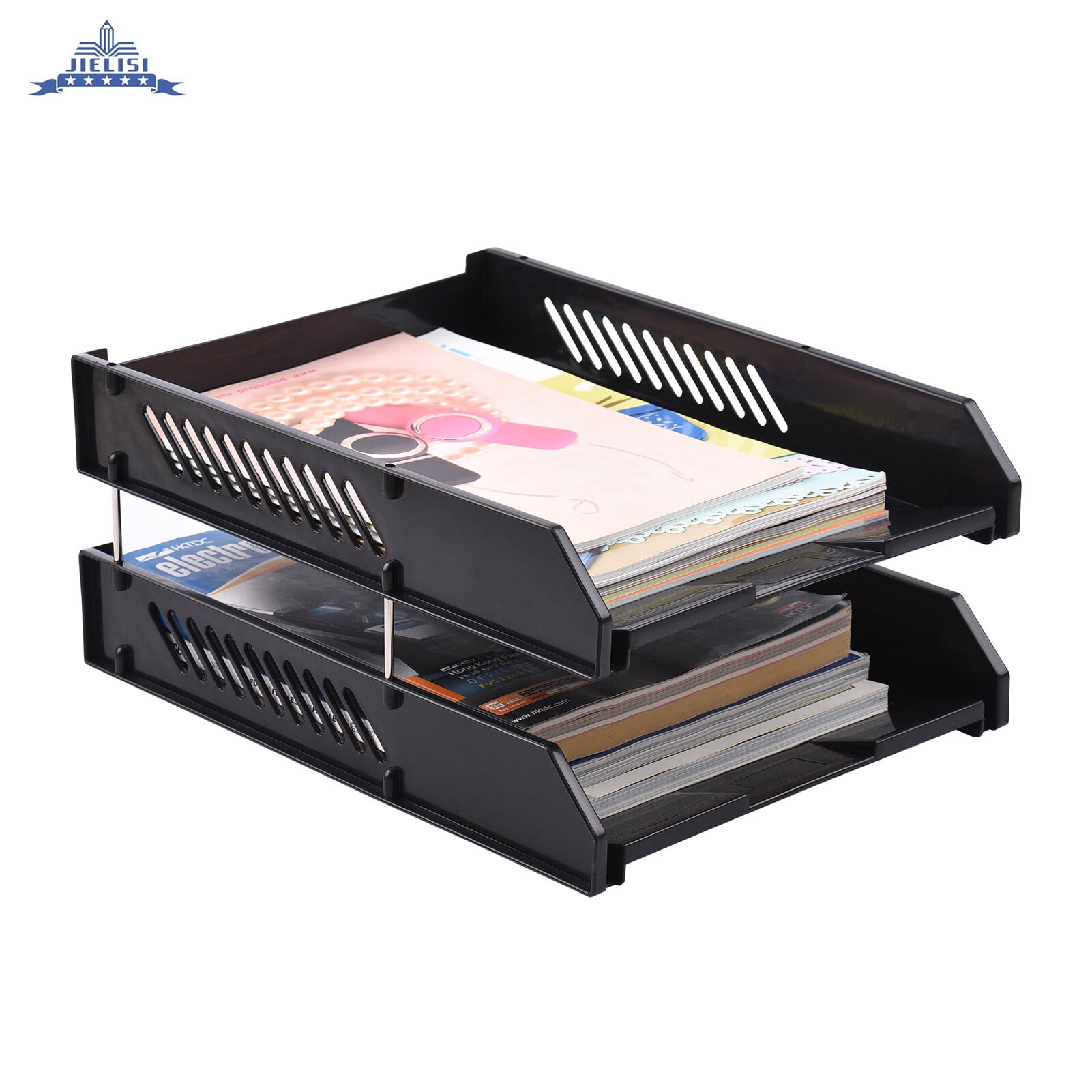 JIELISI Document Tray Desktop File Organizer Stackable 2 Tier Letter Tray Holder Magazine Rack Desk Accessories Paper Storage Stationery Supplies for Office School Home