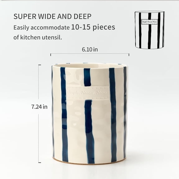 JIEMEI HOME Ceramic Kitchen Utensil Holder with Cork Mat, 7.2 Inch Blue Stripe Stable Crock for Countertop Organization