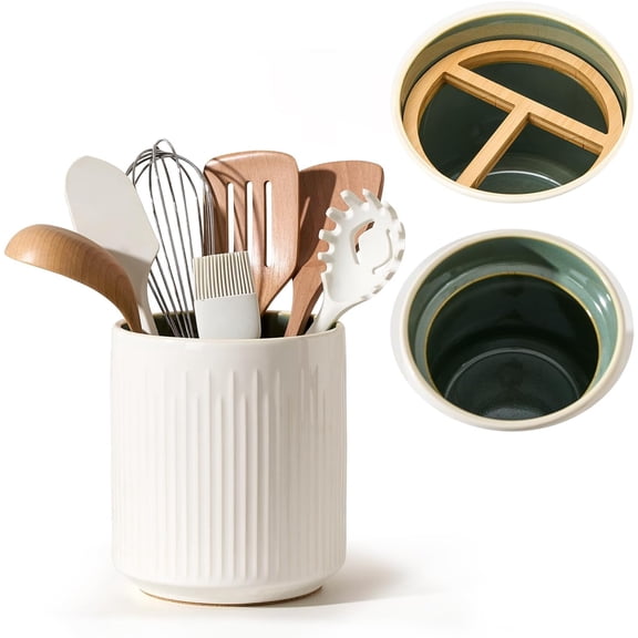JIEMEI HOME Kitchen Utensil Holder, 7.2" Large Ceramic Stable Utensil Crock for Countertop, Utensil Organizer with Cork Mat, Removable Bamboo Divider for Easy, Kitchen Decor, White & Green