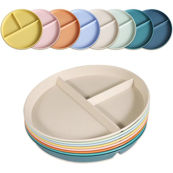 JIEWANG 8 Pcs 9 Inch Divided Plates, BPA Free Unbreakable Sectioned Dinner Plates, Reusable Microwave Safe Portion Control Plates for Adults