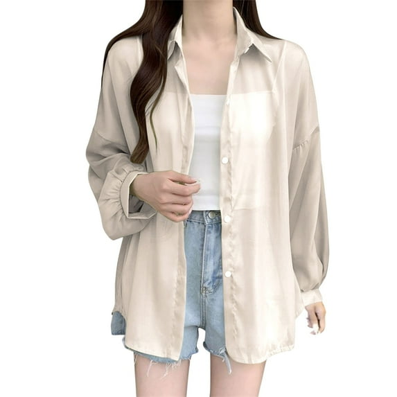 JIEYING Designer Sun Chiffon Blouse Summer Women Lightweight Sunscreen Shirt Long Sleeve Block, Beige L