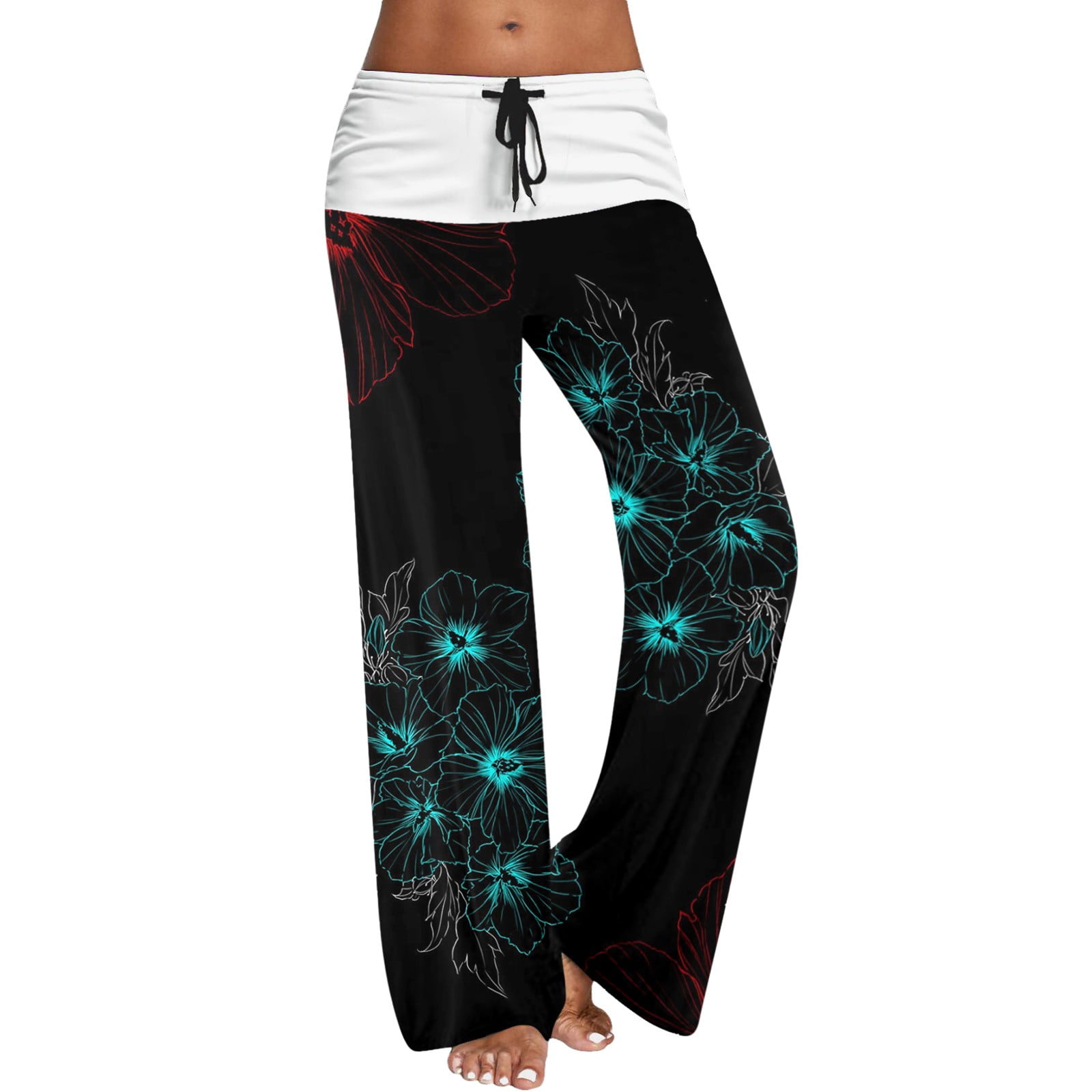 JIEYING Womens High Waist Pocket Strip Elastic Waist Printed Loose Yoga