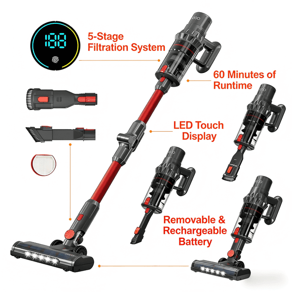 JIGOO Cordless Stick Vacuum Cleaner for Carpet & Hardfloors with 2-In-1 Brushroll, 33KPa Powerful Suction, 60-Minute Runtime, Smart Dust Sensor, LED Touch Screen, Flexible Folding Tube, C500 Red Grey