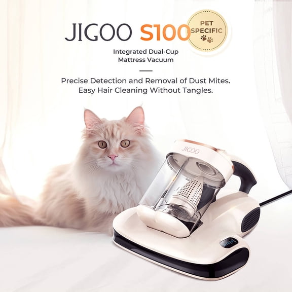 JIGOO S100 Smart Dual-Cup Mattress Vacuum Cleaner 350W Power 12KPa Powerful Suction & 80000 Times/Min High-Frequency Tapping 99.9% Mite Elimination UV-C Light for Mattress Sofa Deep Cleaning