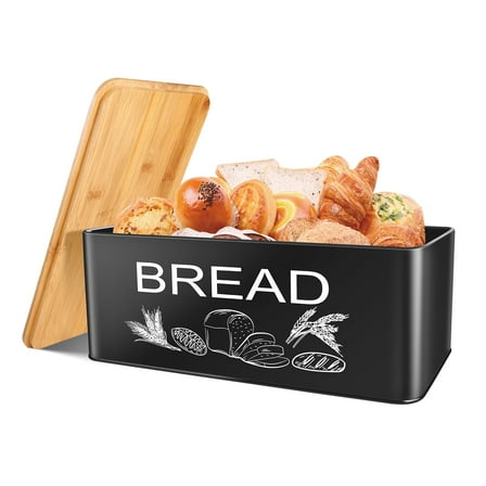 JIGUOOR Black Bread Box, Large Space Metal Bread Box with Wooden Cutting Board Lid, Farmhouse Bread Bins Kitchen Bread Storage 12.99" x 7.08" x 4.72"（L Size）