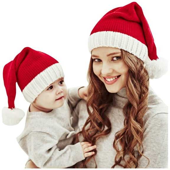 JIKNTTR 2 Pack Santa Hats Family Matching Christmas Hat Winter Warmer Mother & Baby Knit Cap Xmas Parent-Child Pom Beanie Hats Classic Santa Hat for Xmas