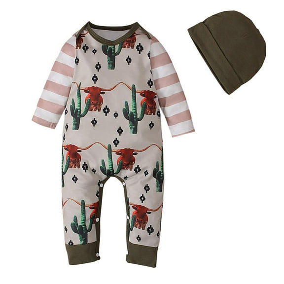 JIKNTTR Baby Boy Girl Western Clothes Cow Print Long Sleeve Romper Jumpsuit One Piece Spring Fall Winter Outfit Rompers With Hat Set 12-18 Months
