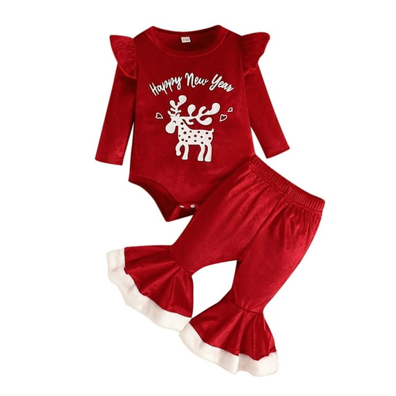 JIKNTTR Baby Girl Christmas Clothes Set Long Sleeve Romper Bodysuit + Bell Bottom Pants Winter Outfits Xmas Clothes Baby Girl Fall Winter Outfits