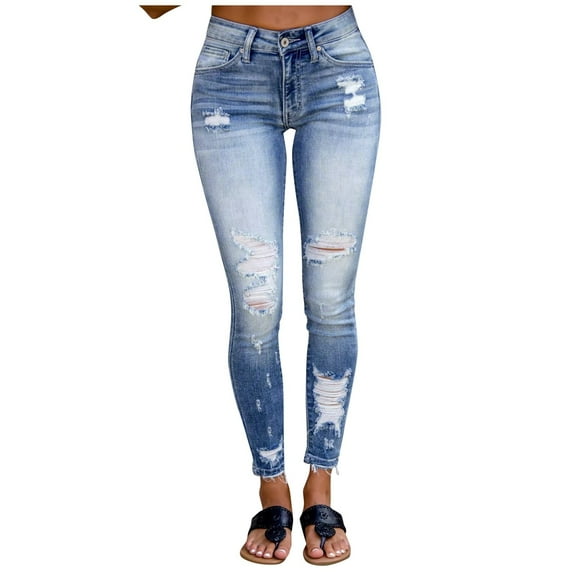 JIKNTTR Bell Bottom Jeans for Women Elastic Jeans Long Distressed Mid Waist Skinny Pants Trendy Casual Denim Pants