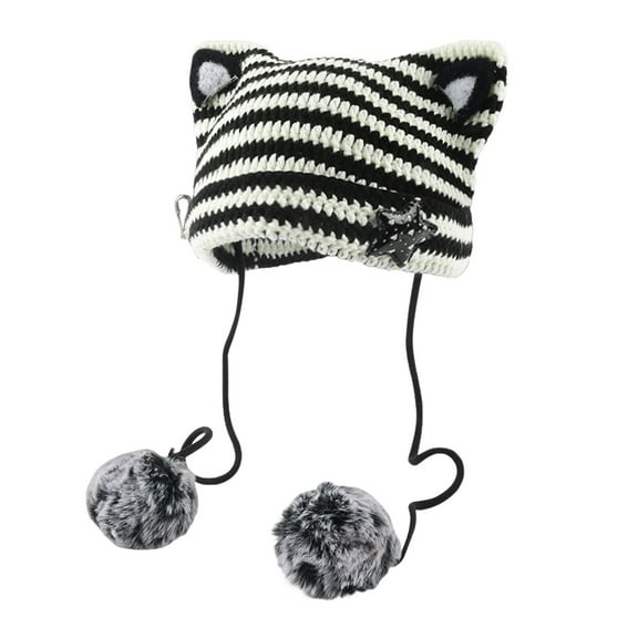 JIKNTTR Cat Ear Beanie Hat With Pom Poms Star Accessories Goth Crochet Knitted Hats Slouchy Skully Caps
