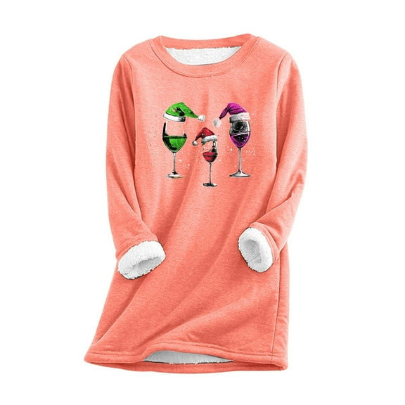 JIKNTTR Christmas Sweatshirts For Women Winter Warm Long Sleeve Shirt Pullover Top Soft Crewneck Thermal Pullover Comfy Thermal Shirts