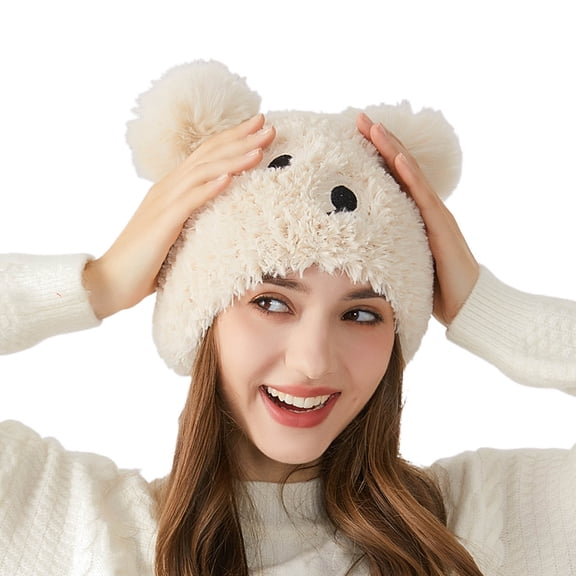 JIKNTTR Cute Fuzzy Bear Ears Beanie Hat For Women Winter Warm Knitted Hat Skull Cap With Pom Pom For Cold Weather Leisure Hat