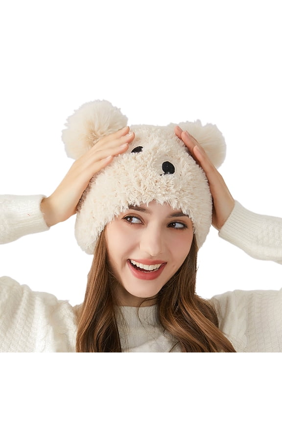 Cute Fuzzy Bear Ears Beanie Hat For Women Winter Warm Knitted Hat Skull Cap With Pom Pom For Cold Weather Leisure Hat