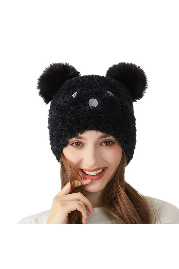 Cute Fuzzy Bear Ears Beanie Hat For Women Winter Warm Knitted Hat Skull Cap With Pom Pom For Cold Weather Work Caps