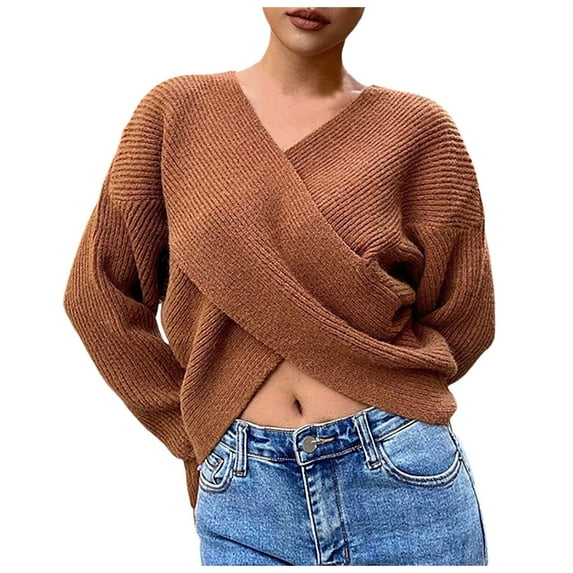 JIKNTTR Fall Fashion Sweaters For Women Solid Color Sexy Crop V Neck Long Sleeve Knit Sweater Pullover Stylish Comfy Soft Tops