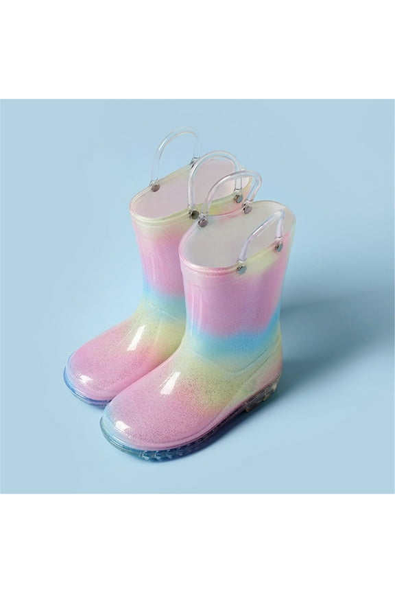 Kids Rain Boots Waterproof Shoes Toddler Kids Glitter Light Up Rain Boots For Girls Rainbow Rain Shoes With Easy On Handles Fashion Rainbow Boots