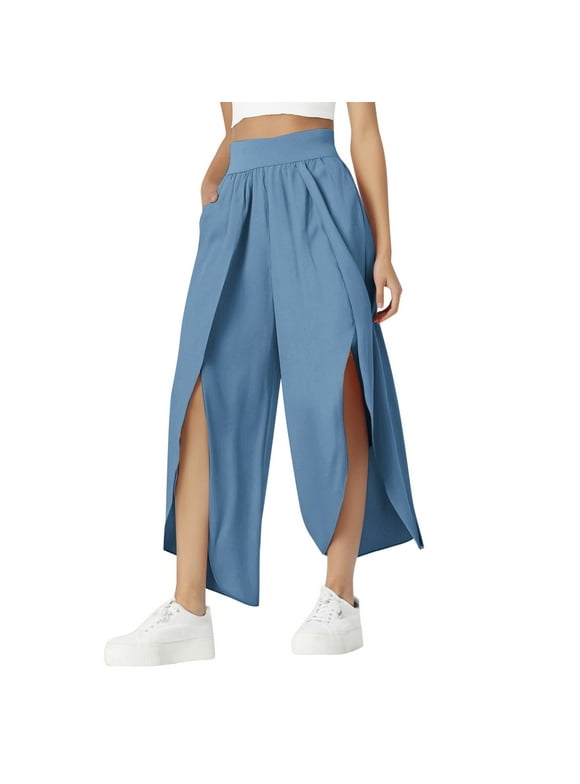 JIKNTTR Linen Pants For Women 2025 Fashion Loose Fit High Waisted Open High Slit Pants Relaxed Casual Yoga Boho Flowy Beach Pants