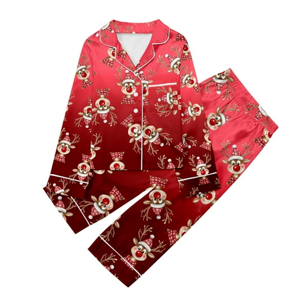 JIKNTTR Little & Big Girls Nightgowns Christmas Satin Silk Pajamas Cute Long Sleeve Button Down Shirt & Pants 2 Piece Set Sleep Wear Xmas Pajamas