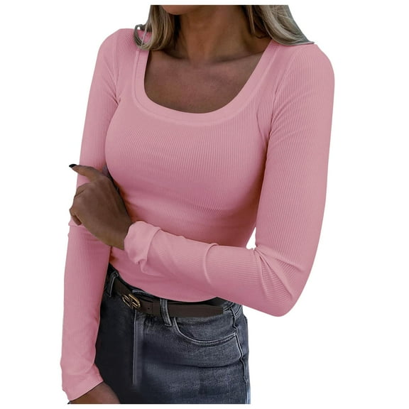 JIKNTTR Long Sleeve Shirts For Women U-Neck Casual Tops 2024 Fall Fashion Slim Fitted Tops Basic Tee Shirts Trendy Basics Tees Clothing