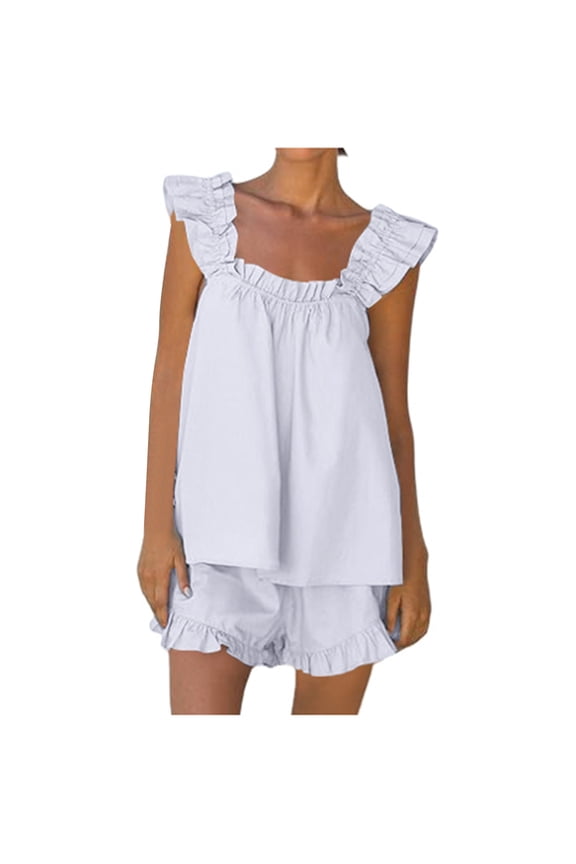 Lounge Set For Women 2 Piece Outfits Pajama Sets 2 Piece Outfits Sleeveless Sleepwear Ruffle Crop Top Casual Shorts Loungewear Casual V Neck 2 Piece Lounge Sets