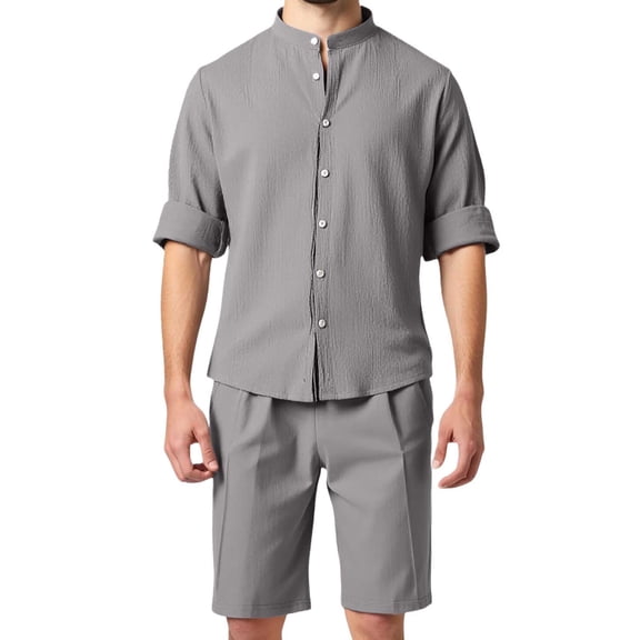 JIKNTTR Men 2 Piece Linen Outfit Men's Fashion Cardigan Solid Color Long Sleeve Stand Collar Shirt Shirt Trousers Suit Casual Wear Holiday Beach Set Outfits