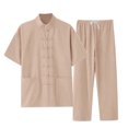 thumbnail image 1 of JIKNTTR Men 2 Piece Linen Outfit Men's Linen Set Tang Style Short Sleeve Shirts Casual Beach Pants Set Summer Yoga Outfits Daily Workout Sets, 1 of 3