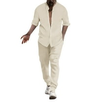 JIKNTTR Men 2 Piece Linen Outfit Men's Linen Shirt Sets Outfits Shirts Long Sleeve Loose Yoga Pants Beach Clothing Leisure Versatile Outfit