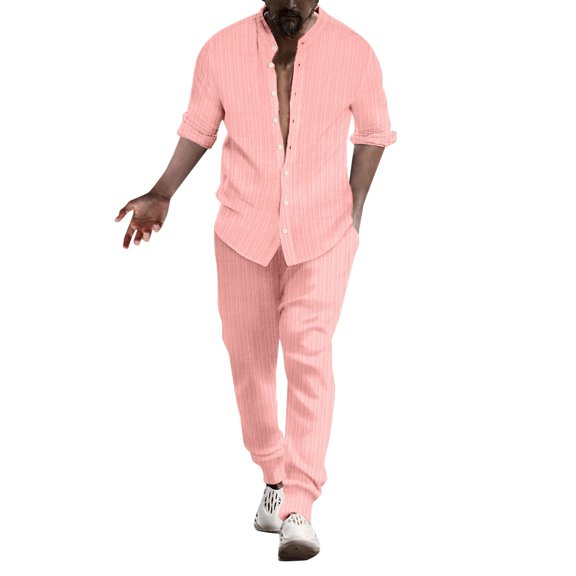 JIKNTTR Men 2 Piece Linen Outfit Men's Linen Shirt Sets Outfits Shirts Long Sleeve Loose Yoga Pants Beach Clothing Sports Jogging Tracksuit