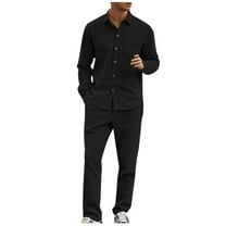 JIKNTTR Men 2 Piece Linen Outfit Men's Long Sleeve Lapel Solid Color Shirt Casual Holiday Shirts Tops Pants Outfits Trendy Versatile Outfits