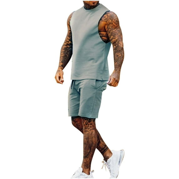 JIKNTTR Men 2 Piece Linen Outfit Men's Set Round Neck T Shirt Sports Leisure Set Plus Size Sleeveless Shorts Set Casual Beach Shorts Suit