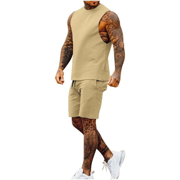 JIKNTTR Men 2 Piece Linen Outfit Men's Set Round Neck T Shirt Sports Leisure Set Plus Size Sleeveless Shorts Set Daily Casual Sport Suit