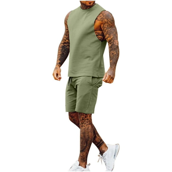 JIKNTTR Men 2 Piece Linen Outfit Men's Set Round Neck T Shirt Sports Leisure Set Plus Size Sleeveless Shorts Set Leisure Walking Suit
