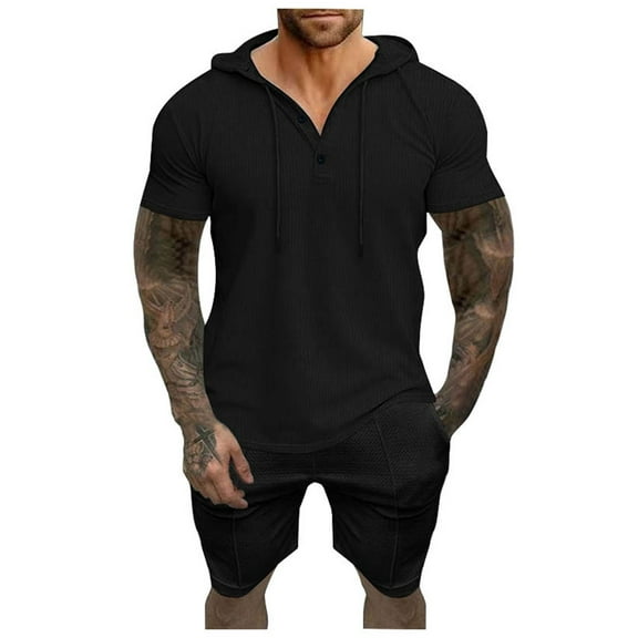 JIKNTTR Men 2 Piece Linen Outfit Men's Short Sleeve Shorts Hoodie T Shirt Casual Suit Trendy Beach Tracksuits