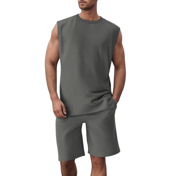 JIKNTTR Men 2 Piece Linen Outfit Summer Knit Sleeveless Vest And Shorts Sports Suit Casual Thin Top Solid Color Vest Two Piece Set Simple Casual Suits