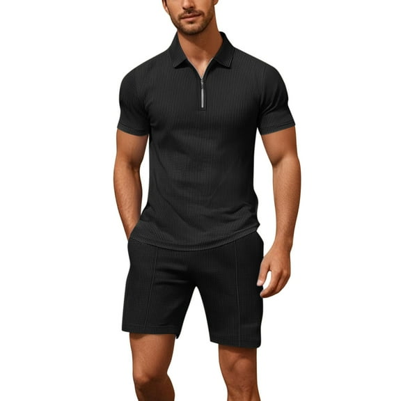 JIKNTTR Men's 2 Piece Casual Set Summer Shorts Suit Short Sleeved Zip Polo Shirt Sweatshirt Joggers Sweat Shorts Tracksuit Set Casual Beach Shorts Suit