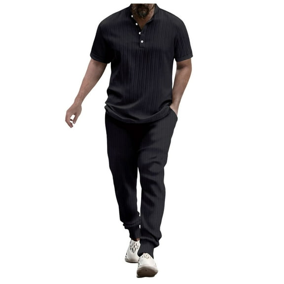 JIKNTTR Men's 2 Piece Hawaiian Outfits Male Two Piece Solid Color Suit Button Down Short Sleeved Stand Up Polo Shirt Top And Trousers Set Fashionable Sport Suit